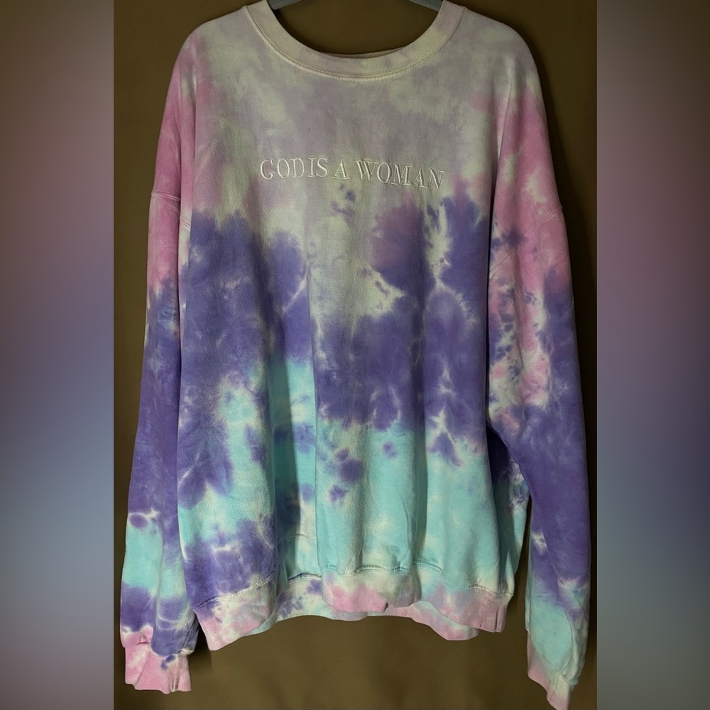 ariana grande god is a woman tiedye crewneck